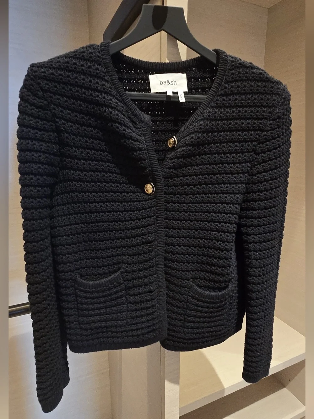 ba&sh Black Open-Knit Cardigan with Gold-Tone Button - Picture 1 of 2